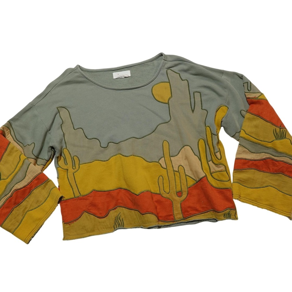 Anthropologie Shirt Womens S/M Multicolor Cactus Graphic Long Sleeve Cropped